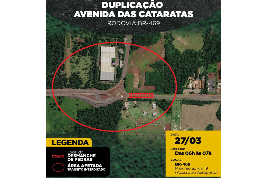 Trecho da Rodovia das Cataratas será interditado para detonação de rochas em Foz do Iguaçu